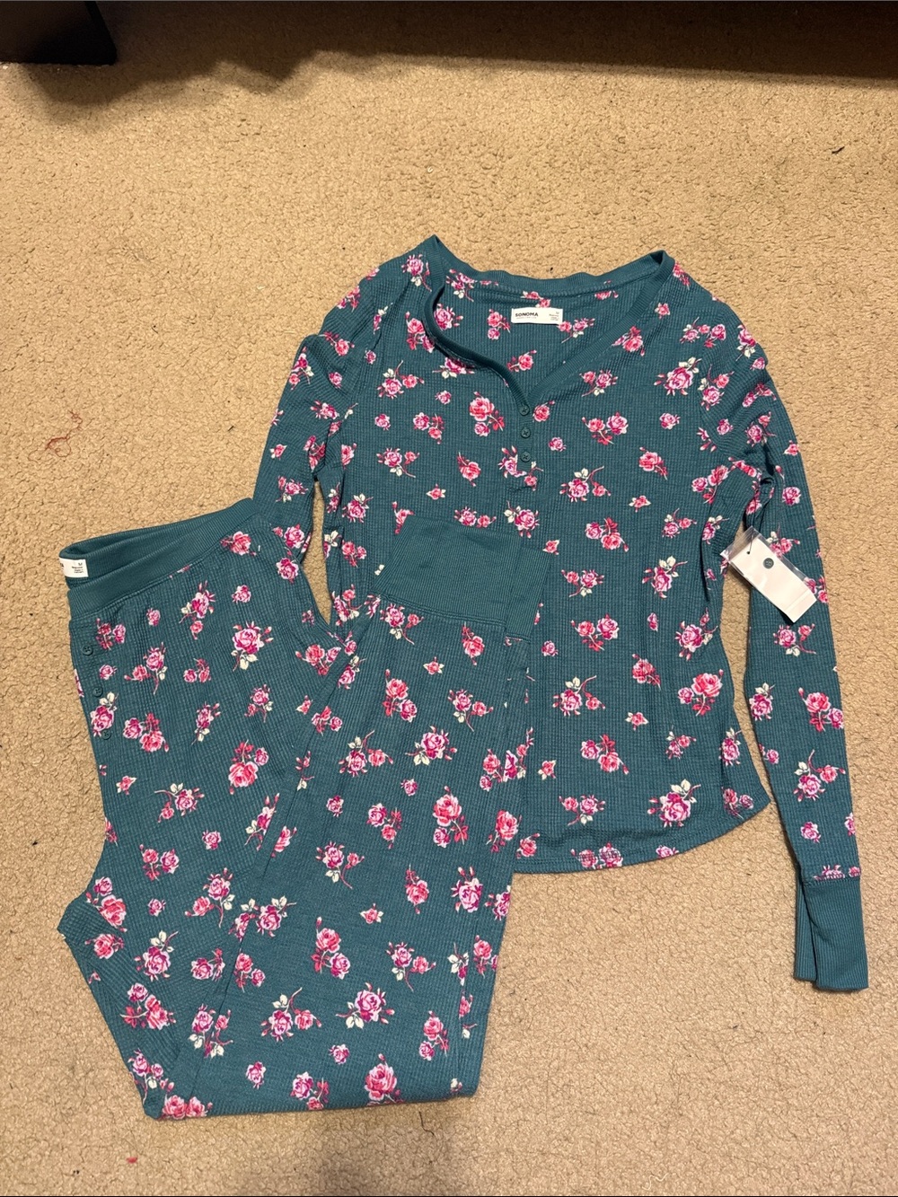 Floral Long Sleeve Pajama Set - Teal with Pink Roses